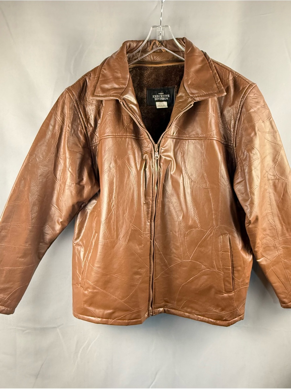 Vintage Brown Leather Jacket XL Patchwork Plush Lined 90s Coat